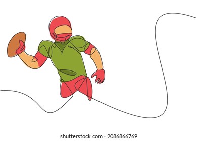 Single continuous line drawing of young agile american football player ready to pass the ball to teammate for competition media. Sport exercise concept. Trendy one line draw design vector illustration