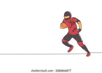 Single continuous line drawing of young agile american football player hold the ball and avoid opponents for competition media. Sport exercise concept. Trendy one line draw design vector illustration
