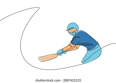 Single continuous line drawing of young agile man cricket player practice to swing the cricket bat vector illustration. Sport exercise concept. Trendy one line draw design for cricket promotion media