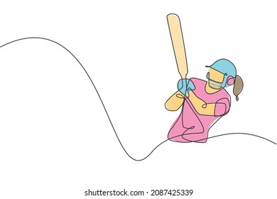 Single continuous line drawing of young agile woman cricket player ready to hit the ball at stadium vector illustration. Sport exercise concept. Trendy one line draw design for cricket promotion media