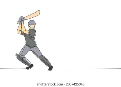 Single continuous line drawing of young agile man cricket player standing and practice to swing bat vector illustration. Sport exercise concept. Trendy one line draw design for cricket promotion media