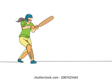 Single continuous line drawing young agile woman cricket player successfully hit the ball vector graphic illustration. Sport exercise concept. Trendy one line draw design for cricket promotion media