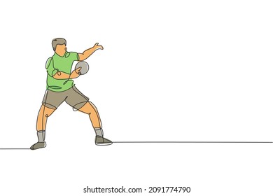Single continuous line drawing of young agile man table tennis player hitting the ball. Sport exercise concept. Trendy one line draw design vector illustration for ping pong tournament promotion media
