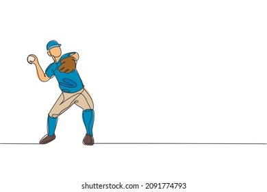 Einzelne durchgehende Linie ziehen jungen agilen Mann Baseball-Spieler üben, um den Ball zu werfen. Sportübungskonzept. Trendy One Line Zip Design Grafik, Vektorgrafik für Baseball Promotion-Medien