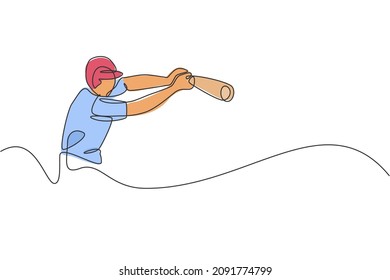 Einzelne kontinuierliche Zeichnung des jungen agilen Mannes Baseball Spieler üben, um den Ball zu schlagen. Sportübungskonzept. Trendy One Line Zip Design Vektorgrafik Grafik für Baseball Promotion Media
