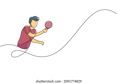 Single continuous line drawing of young agile man table tennis player focus practicing. Sport exercise concept. Trendy one line draw design vector illustration for ping pong tournament promotion media