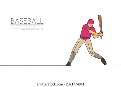 Single continuous line drawing of young agile man baseball player practice to hit the ball. Sport exercise concept. Trendy one line draw design graphic vector illustration for baseball promotion media