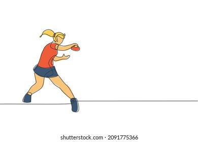 Single continuous line drawing of young agile woman table tennis player hit the ball. Sport exercise concept. Trendy one line draw design vector illustration for ping pong tournament promotion media