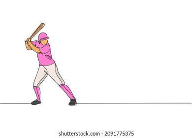 Single continuous line drawing of young agile man baseball player ready to hit the ball. Sport exercise concept. Trendy one line draw graphic design vector illustration for baseball promotion media