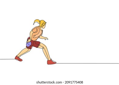 Single continuous line drawing of young agile woman table tennis player focus to practice. Sport exercise concept. Trendy one line draw design vector graphic illustration for ping pong promotion media