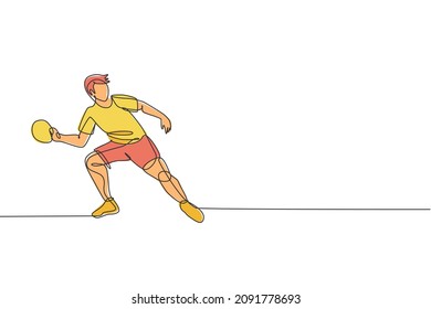 Single continuous line drawing of young agile man table tennis player focus practice. Sport exercise concept. Trendy one line draw design vector illustration for ping pong tournament promotion media