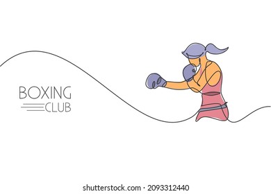 Single continuous line drawing of young agile woman boxer pose punch attack confidently. Fair combative sport concept. Trendy one line draw design vector illustration for boxing game promotion media