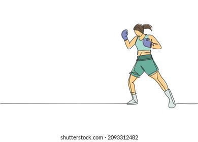 Single continuous line drawing of young agile woman boxer stance confidence at sport gym. Fair combative sport concept. Trendy one line draw design vector illustration for boxing game promotion media