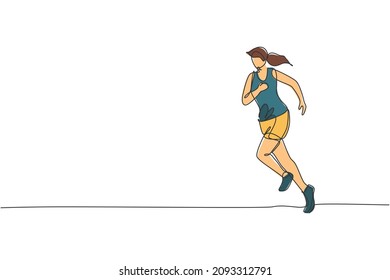 Single continuous line drawing of young agile woman runner do run relax. Individual sport with competition concept. Trendy one line draw design vector illustration for running tournament promotion
