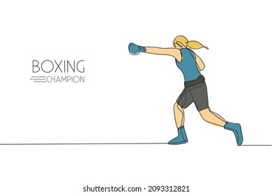 Single continuous line drawing young agile woman boxer attack with powerful punch. Fair combative sport concept. Trendy one line draw design vector graphic illustration for boxing game promotion media