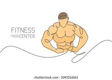 Single continuous line drawing of young muscular model man bodybuilder pose elegant. Fitness center gym logo. Trendy one line draw design vector illustration for bodybuilding icon and symbol template