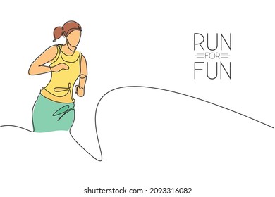 Single continuous line drawing of young agile woman runner hobby to run relax and calm. Healthy sport action concept. Trendy one line draw design graphic vector illustration for running race promotion