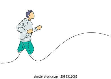 Single continuous line drawing young agile man runner run calm and relax at outdoor park. Healthy lifestyle concept. Trendy one line draw graphic design vector illustration for running race promotion