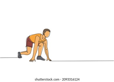 Dibujo de una sola línea continua de un joven velocista de salud feliz listo en posición de inicio del poste para correr en pista de ejecución. Concepto de deporte y estilo de vida saludable. Ilustración del vector de diseño de trazas de una línea