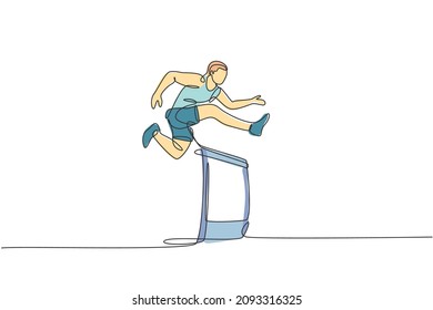 Single continuous line drawing of young happy health runner man jump running through hurdle barrier at run track. Run sport healthy lifestyle concept. Trendy one line draw design vector illustration