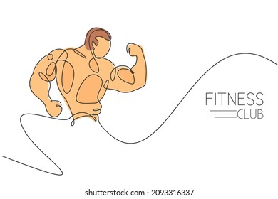 Single continuous line drawing of young muscular model man bodybuilder posing elegantly. Fitness center gym logo. Trendy one line draw design vector illustration for bodybuilding icon symbol template