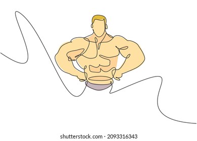 Single continuous line drawing of young muscular model man bodybuilder posing elegantly. Fitness gym logo. Trendy one line draw design vector illustration for budybuilding icon and symbol template