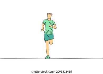 Single continuous line drawing of young happy health runner man running at run track. Fun sport jogging and healthy lifestyle art concept. Trendy one line draw design graphic vector illustration