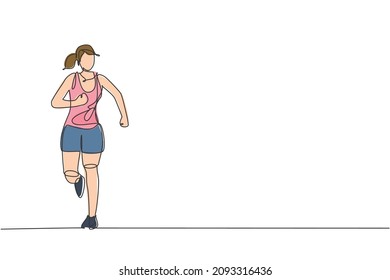 Dibujo de una sola línea continua de una joven corredera de salud feliz corriendo a la carrera. Juego divertido y concepto de estilo de vida saludable. Ilustración gráfica del vector de diseño de una línea de moda