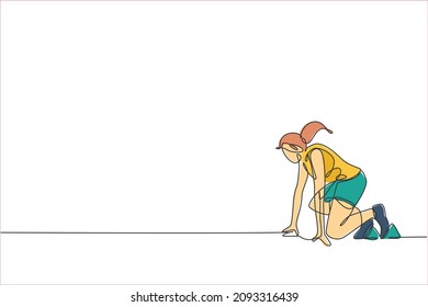 Single continuous line drawing of young agile woman runner ready to sprint fast at start line. Healthy lifestyle concept. Trendy one line draw design vector illustration for running race promotion