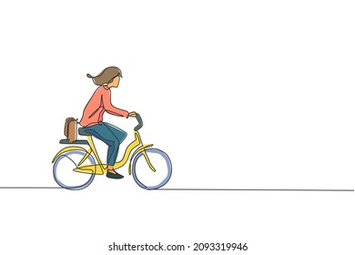 Single Continuous Line Drawing Of Young Professional Businesswoman Riding Bicycle To Her Company. Bike To Work, Eco Friendly Transportation Concept. Trendy One Line Draw Design Vector Illustration