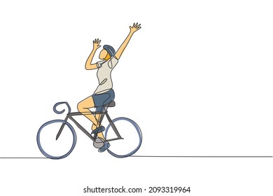 Single continuous line drawing young agile man cyclist raise his hands up to celebrate a win. Sport lifestyle concept. One line draw design graphic vector illustration for cycling race promotion media