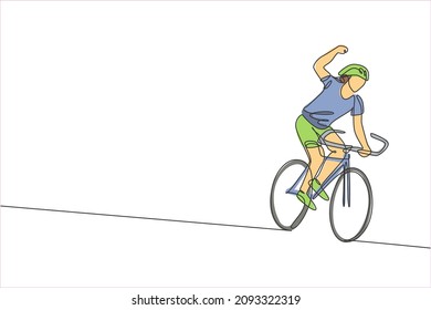 Single Continuous Line Drawing Of Young Agile Man Cyclist Happy To Reach Finish Line. Sport Lifestyle Concept. Trendy One Line Draw Design Graphic Vector Illustration For Cycling Race Promotion Media