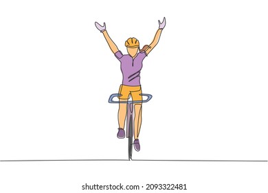 Single continuous line drawing of young agile woman cyclist raise her hands up upon the air. Sport lifestyle concept. Trendy one line draw design vector illustration for cycling race promotion media