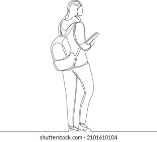 Single continuous line drawing of young female back to home after full day school. concept one line draw design graphic vector illustration.