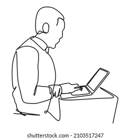 Single continuous line drawing young man working with laptop. working businessman concept. One line draw graphic design vector illustration