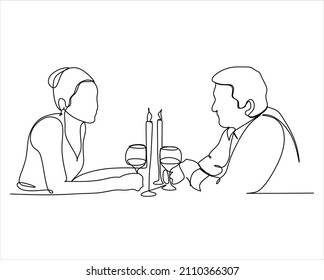 Dibujo de una sola línea contínua de una pareja joven y feliz haciendo una cita romántica y cena juntos en una cafetería. El concepto de vida matrimonial. Ilustración gráfica vectorial de diseño de línea de una línea
