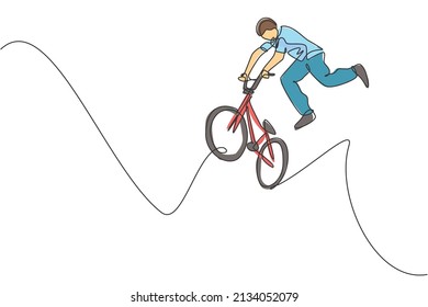 Single continuous line drawing of young BMX cycle rider show jumping into the air trick in skatepark. BMX freestyle concept. One line draw design vector illustration for freestyle promotion media