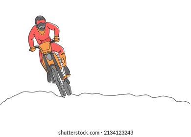 Single continuous line drawing young motocross ride drive the bike so fast at track  Extreme sport race concept vector illustration  Trendy one line draw design for motocross event promotion media