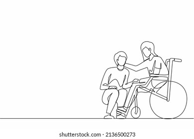 Single continuous line drawing young man kneeling before woman in wheelchair. Disabled wife sitting in wheelchair holding husband head in hospital ward. One line graphic design vector illustration