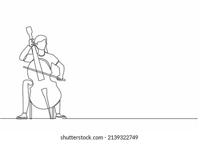 Una sola línea contínua dibujando a una joven artista jugando con el contrabando. Mujer célebre tocando violonchelo, músico tocando instrumento de música clásica. ilustración vectorial de diseño gráfico de una línea