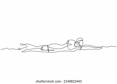 Single Continuous Line Drawing Young Female Athlete With Disabilities Playing In Swimming At Tournament Games. Disabled Sport, Success, Championship. One Line Draw Graphic Design Vector Illustration