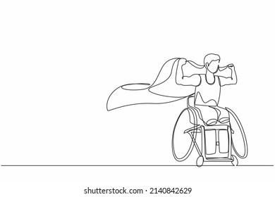 Single continuous line drawing young amputee man with body injuries raising flag. Disability athlete sitting on racing wheelchair, disabled sportsman. One line draw graphic design vector illustration