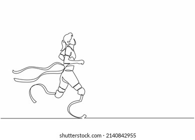 Single Continuous Line Drawing Young Female Athlete Wins Competition. Disabled Sportswoman With Amputee Crossing Finish Line. Sport, Summer Disability Games, Recovery. One Line Graphic Design Vector