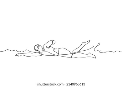 Single Continuous Line Drawing Young Male Athlete With Disabilities Playing In Swimming At Tournament Games. Disabled Sport, Success, Championship. One Line Draw Graphic Design Vector Illustration