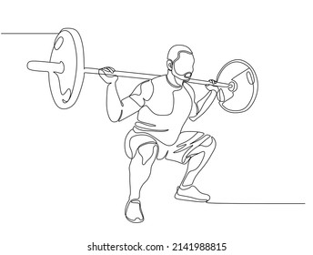 Single continuous line drawing of young sportive man training in sport gymnasium club center. Fitness stretching concept. One line draw design vector illustration