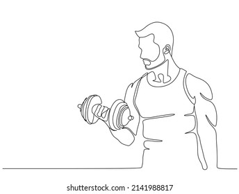 Single continuous line drawing of young sportive man training in sport gymnasium club center. Fitness stretching concept. One line draw design vector illustration
