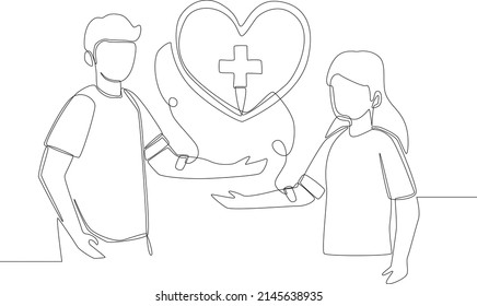Una sola línea contínua dibujando a un joven transfundiendo sangre a su amigo. Ilustración vectorial de diseño gráfico de tracción de una línea.