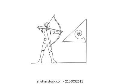 Single continuous line drawing of young professional archer woman focus aiming archery target. Archery sport exercise with the bow concept. Trendy one line draw design graphic vector illustration
