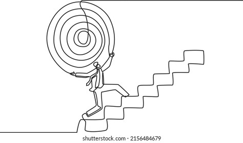 Single Continuous Line Drawing Of Young Entrepreneur Pick Up The Bullseye And Walk Up The Stairs To Goals. One Line Draw Graphic Design Vector Illustration.