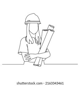 Single continuous line drawing of young female architect holding blueprint paper pose with arms crossed. Professional occupation at work. Minimalism concept one line draw.